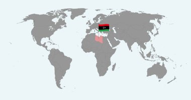 Dünya haritasında Libya bayrağı olan pin haritası. Vektör illüstrasyonu.