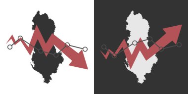 Arnavutluk haritasında düşüş ve iyileşme tablosu ve istatistik oku var. Vektör illüstrasyonu.