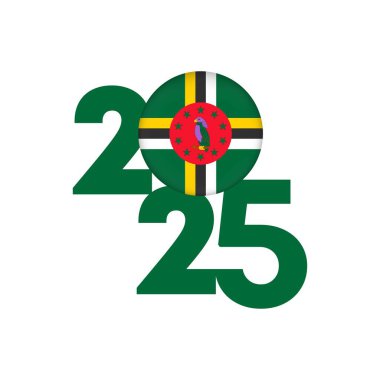 İçinde Dominica bayrağı olan 2025 afişi. Vektör illüstrasyonu.