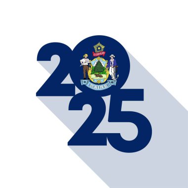 İçinde Maine bayrağı olan uzun gölge 2025 afişi. Vektör illüstrasyonu.