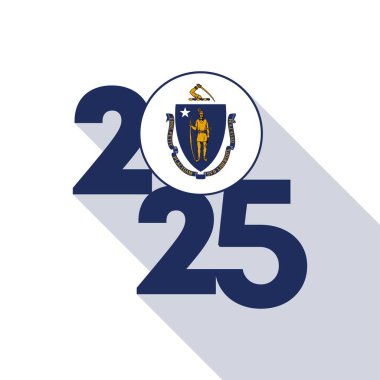İçinde Massachusetts eyalet bayrağı olan uzun gölge 2025 afişi. Vektör illüstrasyonu.