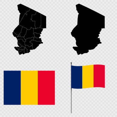 Chad 'in haritaları, bayrağı ve bayrak direği. Vektör illüstrasyonu.