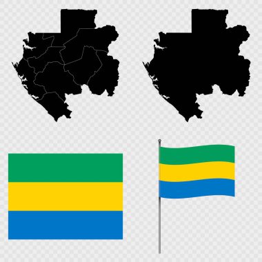 Harita seti, Gabon bayrağı ve bayrak direği. Vektör illüstrasyonu.