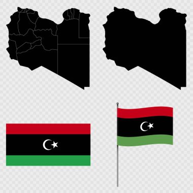 Bir dizi harita, Libya bayrağı ve bayrak direği. Vektör illüstrasyonu.