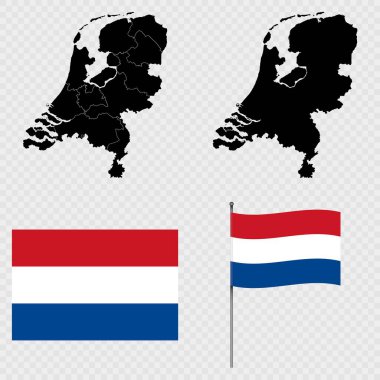 Hollanda bayrağı ve bayrak direği seti. Vektör illüstrasyonu.