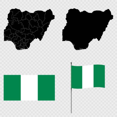 Bir dizi harita, Nijerya bayrağı ve bayrak direği. Vektör illüstrasyonu.
