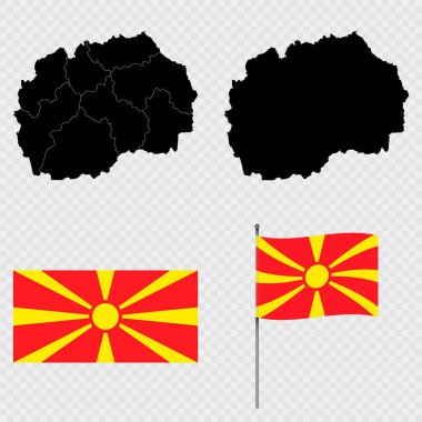Kuzey Makedonya 'nın haritaları, bayrak ve bayrak direkleri. Vektör illüstrasyonu.