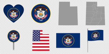 Utah Eyaleti Bayrakları ve Haritaları Simge Paketi.