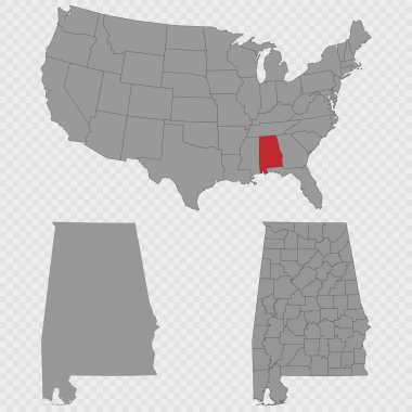 Alabama haritası, ABD 'nin konumu, temiz ana hatları ve tam şehir dökümü ile ayarlandı..