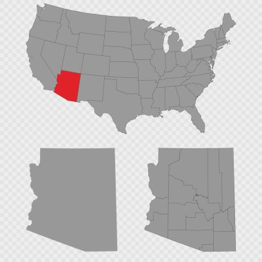 Arizona haritası, ABD 'nin konumu, temiz ana hatları ve tam şehir dökümü ile ayarlandı..