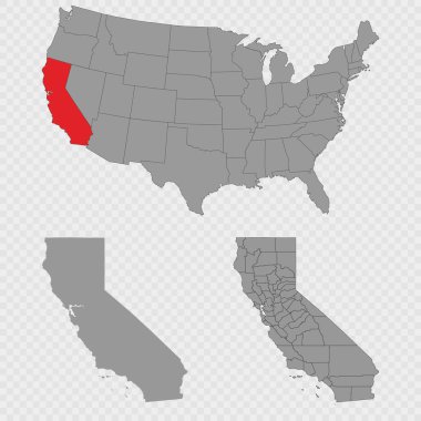 Kaliforniya haritası, ABD 'nin konumu, temiz ana hatları ve tam şehir dökümü ile ayarlandı.