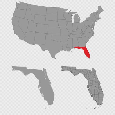 Florida haritası ABD 'nin konumu, temiz ana hatları ve tam şehir dökümü ile ayarlandı.