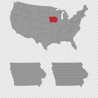 Iowa haritası ABD konumu, temiz dış hat ve tam ilçe dökümü ile ayarlandı.