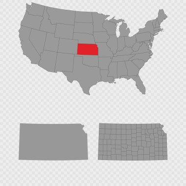 Kansas haritası, ABD 'nin konumu, temiz ana hatları ve tam şehir dökümü ile ayarlandı..