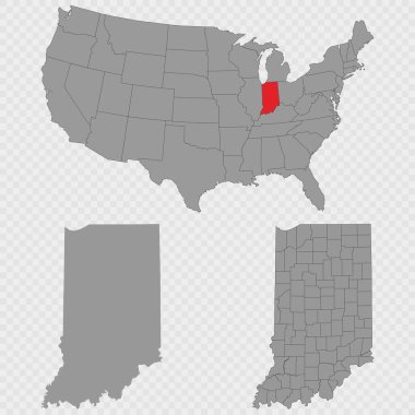 Indiana haritası, ABD 'nin konumu, temiz ana hatları ve tam eyalet dökümü ile ayarlandı..