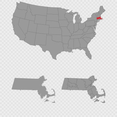 Massachusetts haritası, ABD 'nin konumu, temiz ana hatları ve tam şehir dökümü ile ayarlandı.