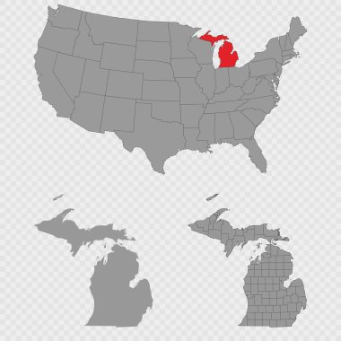 Michigan haritası, ABD 'nin konumu, temiz ana hatları ve tam şehir dökümü ile ayarlandı.