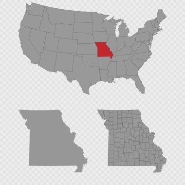 Missouri haritası, ABD konumu, temiz dış hat ve tam şehir dökümü ile ayarlandı.