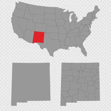 New Mexico haritası, ABD 'nin konumu, temiz ana hatları ve tam şehir dökümü ile ayarlandı.