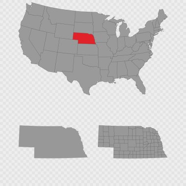 Nebraska haritası ABD 'nin konumu, temiz ana hatları ve tam şehir dökümü ile ayarlandı.