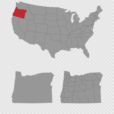 Oregon haritası, ABD 'nin konumu, temiz ana hatları ve tam şehir dökümü ile ayarlandı.