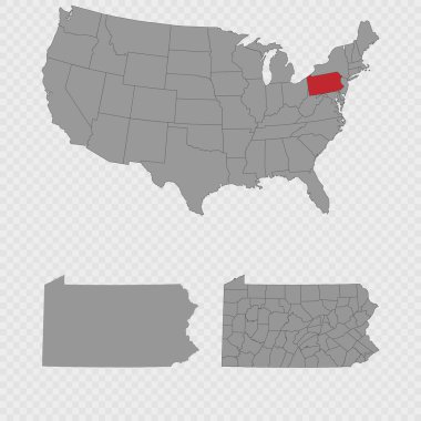 Pensilvanya haritası, ABD 'nin konumu, temiz ana hatları ve tam şehir dökümü..