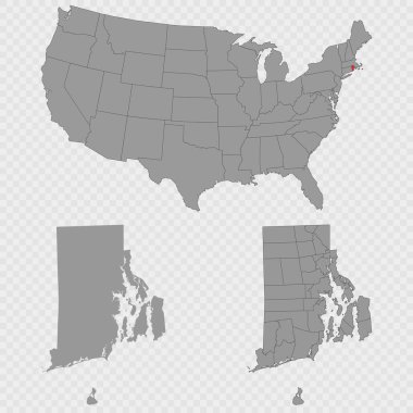 Rhode Island haritası, ABD 'nin konumu, temiz ana hatları ve tam şehir dökümü ile ayarlandı..