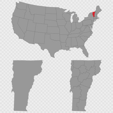 Vermont haritası, ABD 'nin konumu, temiz ana hatları ve tam şehir dökümü ile ayarlandı.