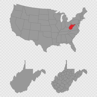 Batı Virginia haritası, ABD 'nin konumu, temiz ana hatları ve tam şehir dökümü ile ayarlandı..