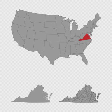 Virginia haritası, ABD konumu, temiz ana hat ve tam şehir dökümü ile ayarlandı.