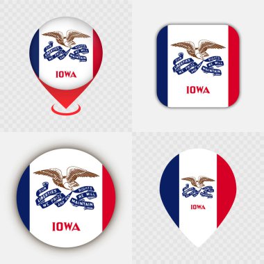 Iowa Eyaleti Bayrak Simgeleri ve Harita İğneleri Seti.