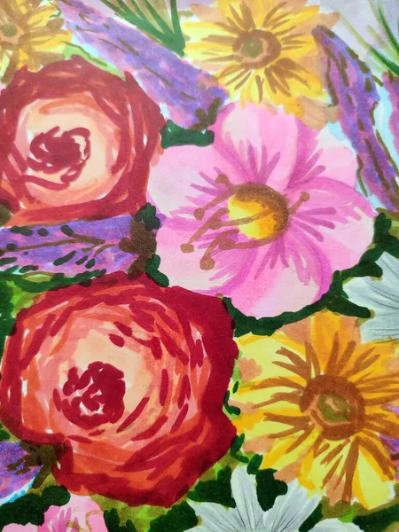 Renkli Dekoratif Çiçeklerden Bir Parça Çocuk Çizimi Arkaplan Olarak Kullanışlı — Stok fotoğraf