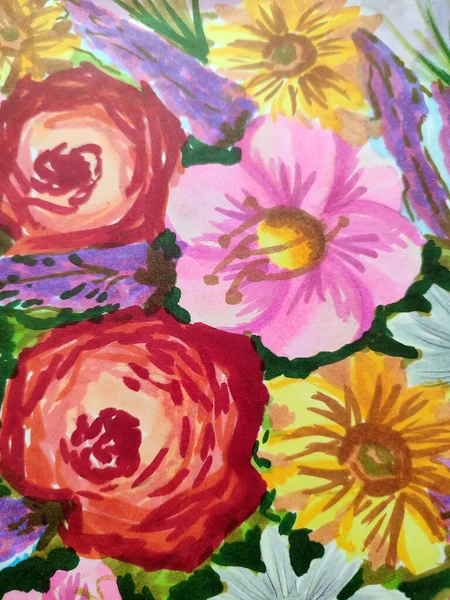 Fragmento Flores Decorativas Coloridas Fragmento Desenho Infantil Útil Como Fundo — Fotografia de Stock