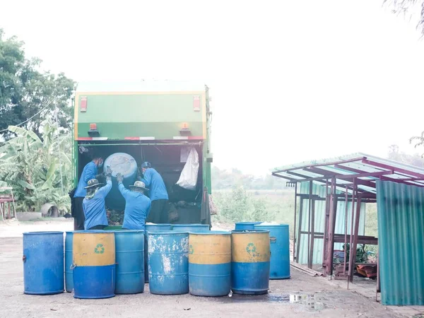 Garbage Transportation Workers Scavengers Take Bins Men Load Metal Container — стоковое фото