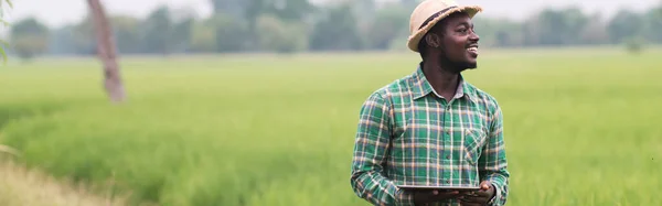 유기농 농장에서 태블릿을 사용하여 모자를 아프리카 — 스톡 사진
