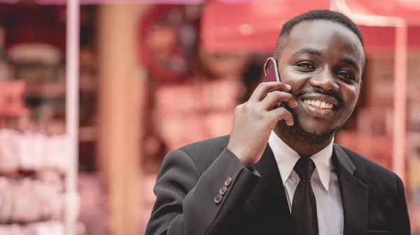 Happy African Business Man Phone Call Talking Walk Contact Chat — Stock Photo, Image