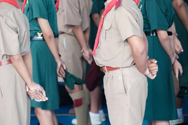 stock image Students in Boy Scout uniforms stand in line to practice discipline