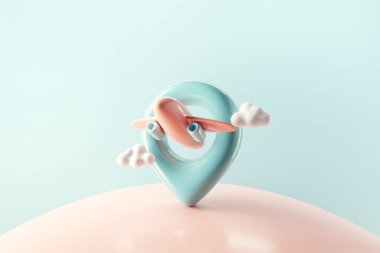 3D seyahat konsepti, harita üzerinde uçan uçak pimi. Dünyanın her yerinde uçak, 3D görüntüleme, kopyalama uzayı.