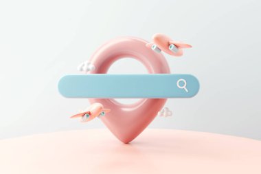 Pin işaretleyici ve düzlemli Pastel arama çubuğu, seyahat turu aranıyor, 3D görüntüleme
