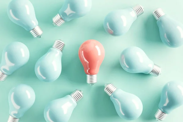 Minimal Idea Pink Light Bulb Surrounded Blue Bulbs Pastel Background — Stock Photo, Image
