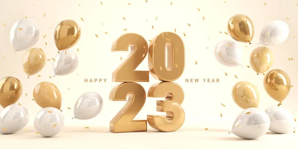Золотий Білий 2023 Текст Щасливий Новий Рік Повітряними Кулями Падаючим — стокове фото