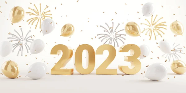 Aur 2023 Text Anul Nou Focuri Artificii Baloane Confetti Strălucitoare — Fotografie, imagine de stoc