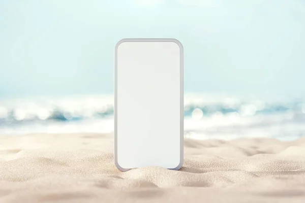 背景空白手机在沙滩上 空间宣传夏天 — 图库照片