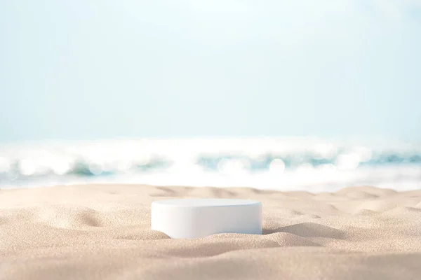 Summer Tropical Background Podium Sand Beach Sea Background Mock Exhibitions — Stock Photo, Image