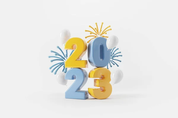 2023 3D文字新年 背景为白色的烟火和气球 3D渲染 — 图库照片