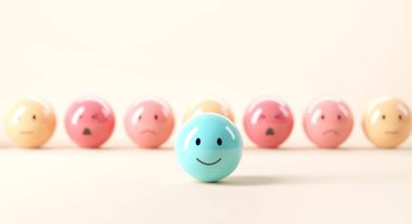 Yakın çekim - emoji gülen surat üzgün ruh hali, değerlendirme, artış derecesi, müşteri deneyimi, memnuniyet ve en iyi hizmet derecelendirme konsepti 3D sunan emoji ifadeleri setinde.