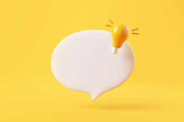 Quick Tips badge with light bulb and speech bubble on yellow background. copy space. 3d rendering. clipart