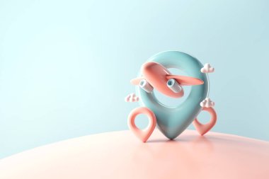 3D seyahat konsepti, harita üzerinde uçan uçak pimi. Dünyanın her yerinde uçak, 3D görüntüleme, kopyalama uzayı.