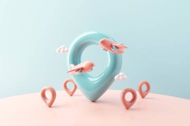 3D seyahat konsepti, harita üzerinde uçan uçak pimi. Dünyanın her yerinde uçak, 3D görüntüleme, kopyalama uzayı.