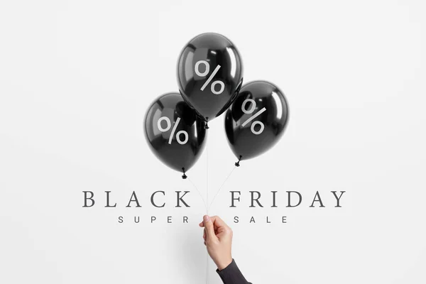 黒金曜日の販売は 白の背景に最小限の黒光沢のある風船でパーセント ミニマリストポスター 3Dレンダリング — ストック写真